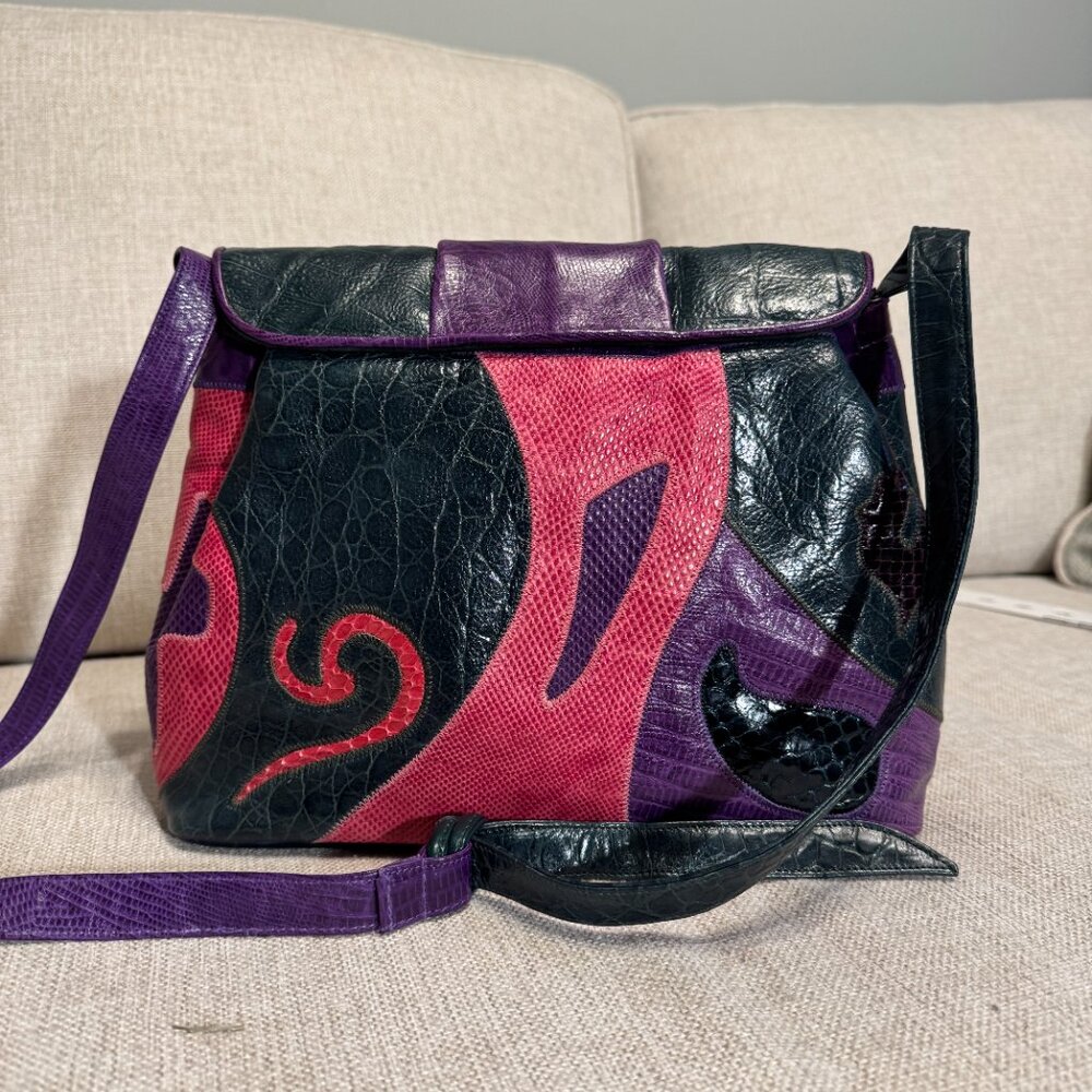 Vintage Sharif Multicolor Patchwork Exotic Leather Shoulder Bag – Rare 80s/90s - Picture 10 of 10